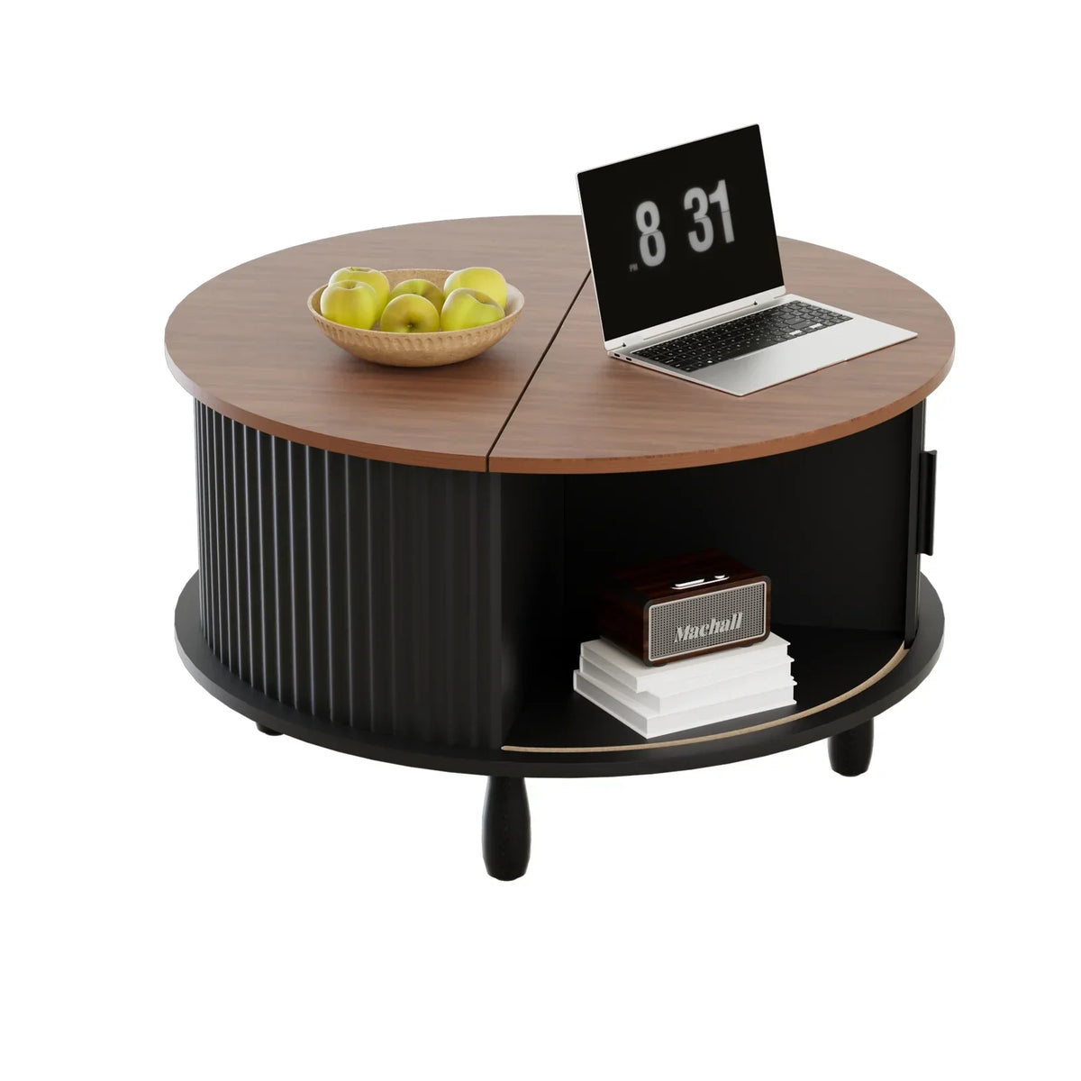 2026 NewRUMLIVE Round Coffee Table with Storage, 30.7" Modern Coffee Table with 360" Curved Sliding Door, Fluted Wood Coffee Table with Footpads, Round Center Table for Living Room, Black