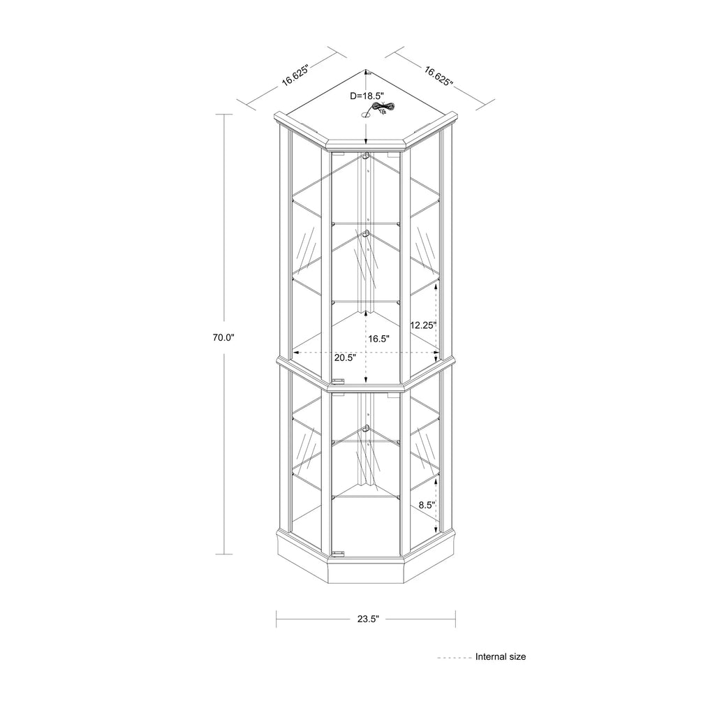 2026 NewWalnut Cabinet With 6 Shelves, Adjustable Glass & Mirrored Back Design Shelf Lighted Corner Curio Shelves In