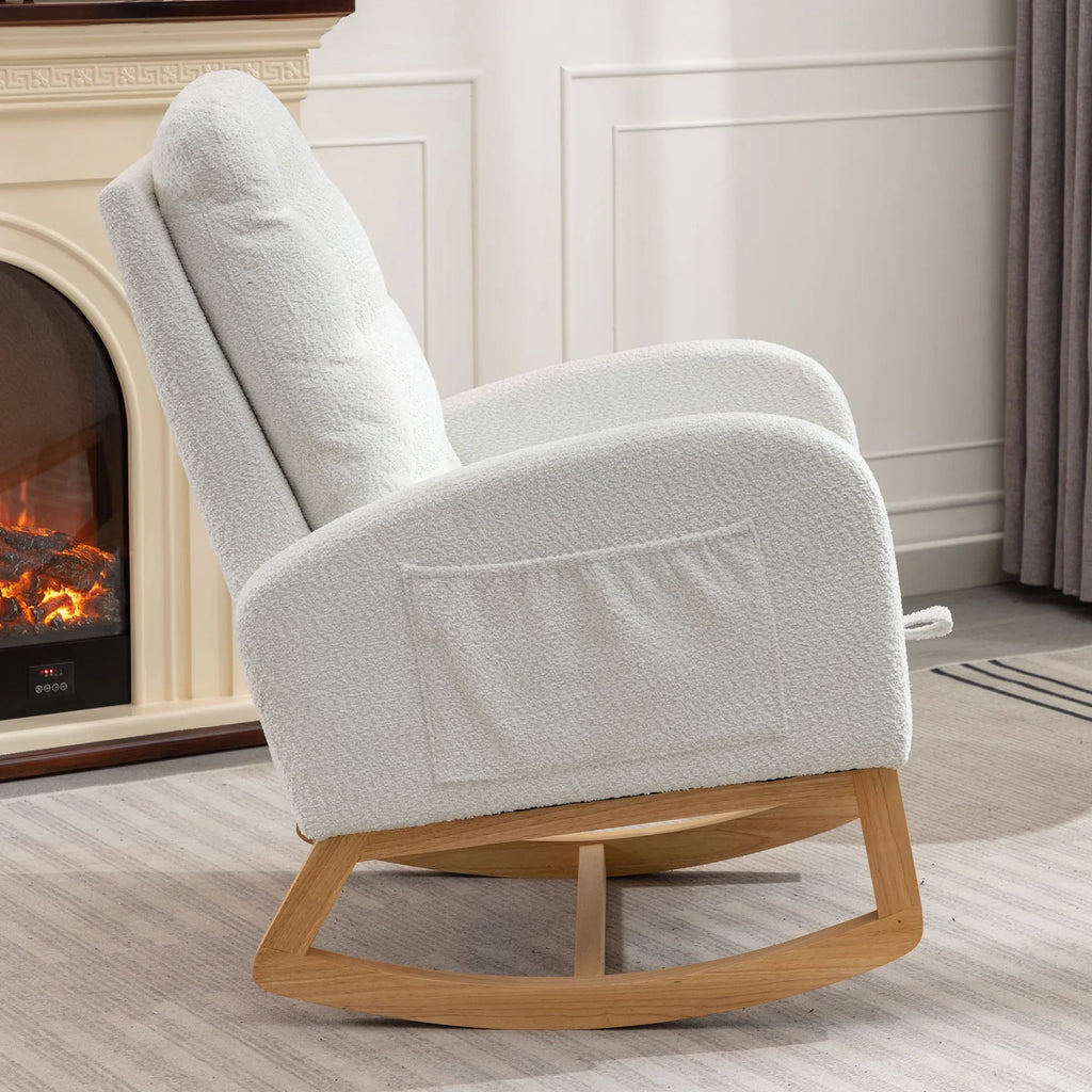 2026 NewModern Accent Rocking Chair with Pull-out Footrest,Nursery Glider Chair with Solid Wood Legs & Side Pocket,Upholstered Lounge Chair with High Backrest,White