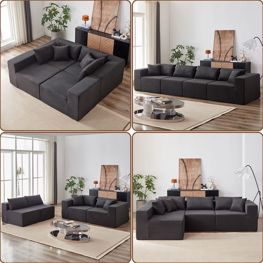 2026 New104-Inch Corduroy Modular L Shaped Sectional Sofa,Luxury Floor Couch Set,Upholstered Indoor Furniture,Foam-Filled Compressed Sofa for Living Room,Bedroom,4 PC Free Combination