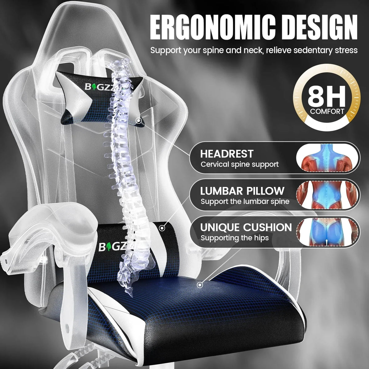 2026 NewBigzzia Gaming Chair Office Chair, Ergonomic Game Chair with Height Adjustable Headrest and Lumbar Support for Adults Teens, Black & White