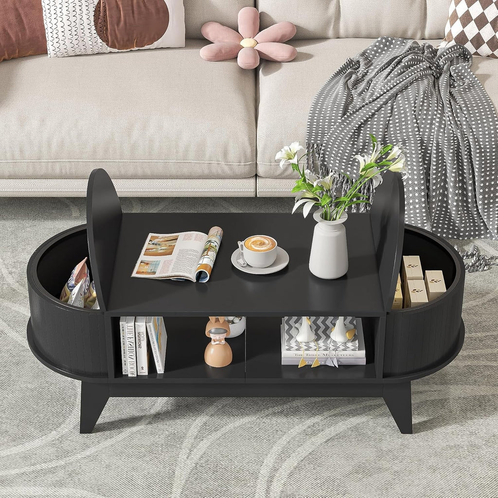2026 NewFluted Coffee Table with Storage, Modern Coffee Tables, Wood Accent Center Table