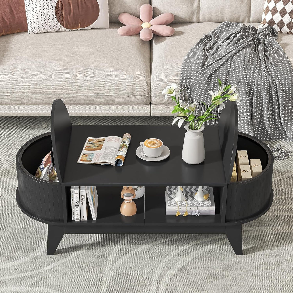 2026 NewFluted Coffee Table with Storage, Modern Coffee Tables, Wood Accent Center Table