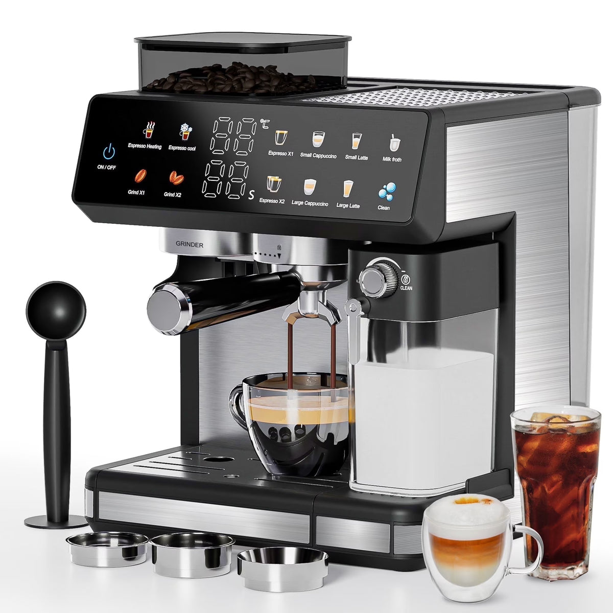 2026 NewBluebow All-in-One Espresso Machine with Grinder, 20-Bar Automatic Coffee Maker, Built-in Milk Frother for Latte & Cappuccino, Single/Double Shot