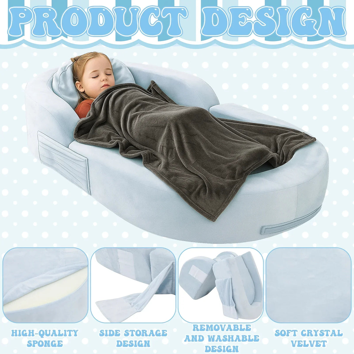 2026 NewCoumy Toddler Travel Bed 2-in-1 Kids Sofa Chair with Removable Cover, Soft Foam Portable Foldable Toddler Bed for Travel with Carrying Bag, Blue