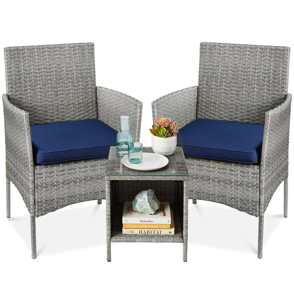 2026 NewBest Choice Products 3-Piece Outdoor Wicker Conversation Patio Bistro Set, w/ 2 Chairs, Table - Gray/Navy