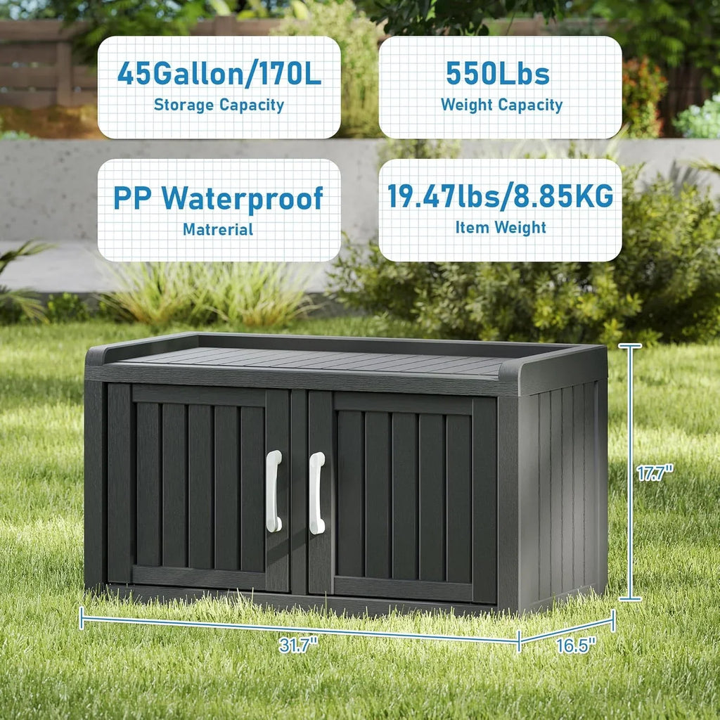 2026 NewKAMABOKO Outdoor Shoe Storage Cabinet, Waterproof UV-Resistant Entryway Storage Bench Indoor Outdoor with 2 Barn Doors, Adjustable Shelves for Entryway, Bedroom, Hallway,Living Room(Black)