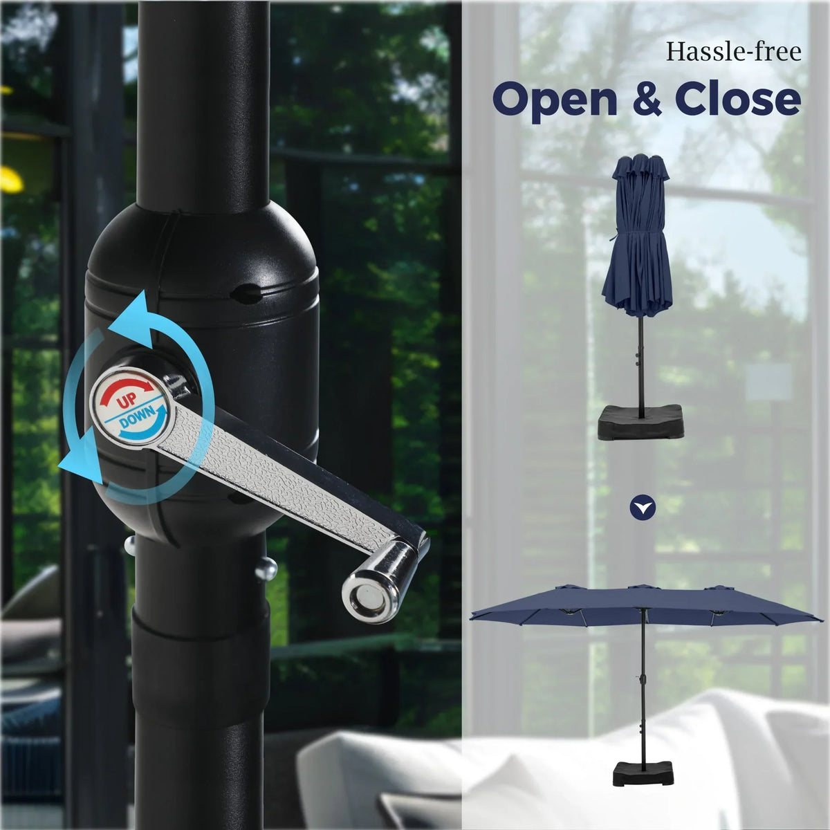 2026 NewAlpha Joy 15ft Outdoor Patio Umbrella Extra-Large Double-Sided Garden Umbrella with Crank Handle and Base - Smoky Gray