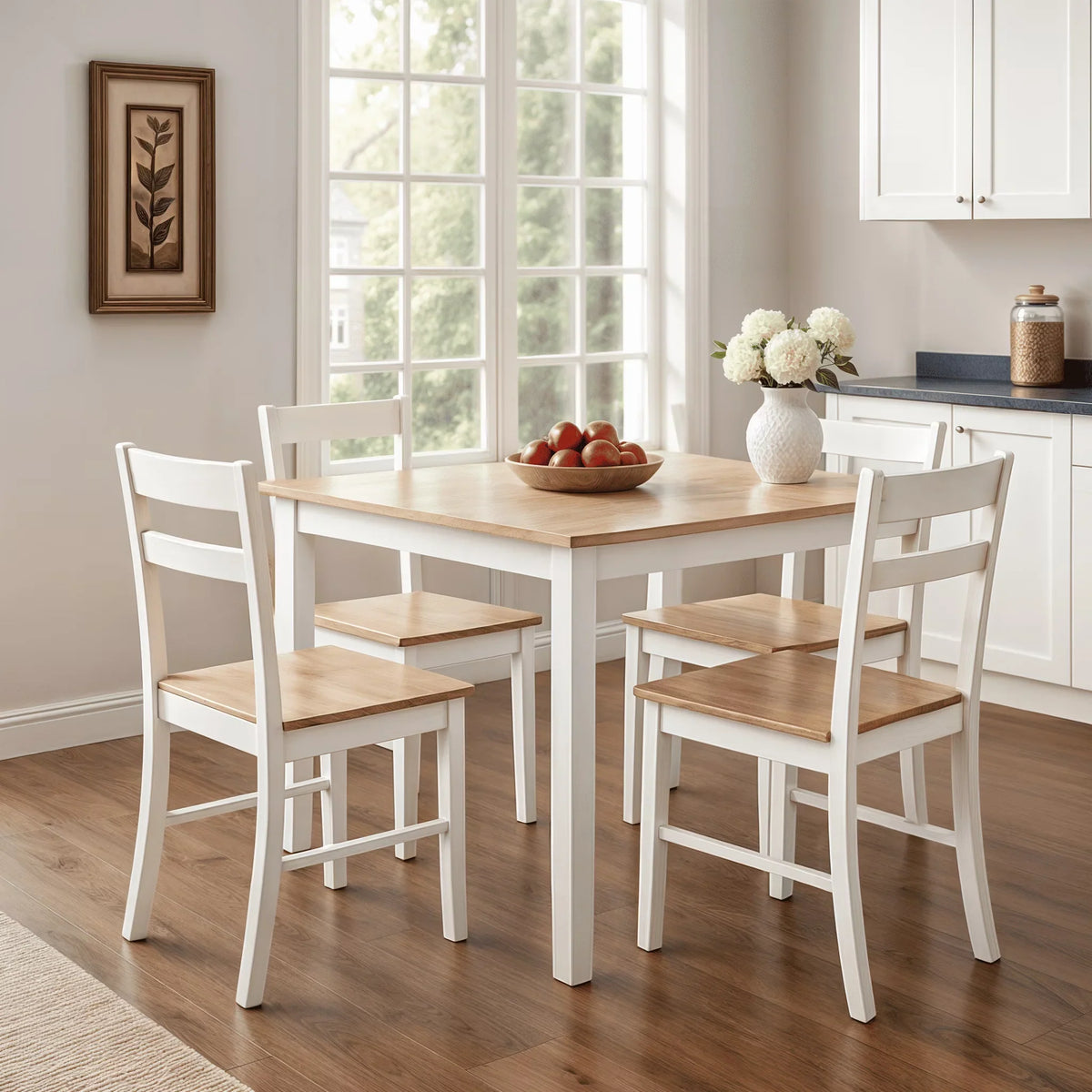 2026 NewMainstays 5-Piece Dining Set, 1 Table and 4 Chairs, White, MDF and Rubberwood, Indoor, 46" L x 29" W x 30" H Table