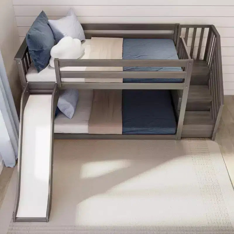 2026 Litera baja Twin sobre Twin con tobogán y escaleras, madera maciza, 14 barandillas