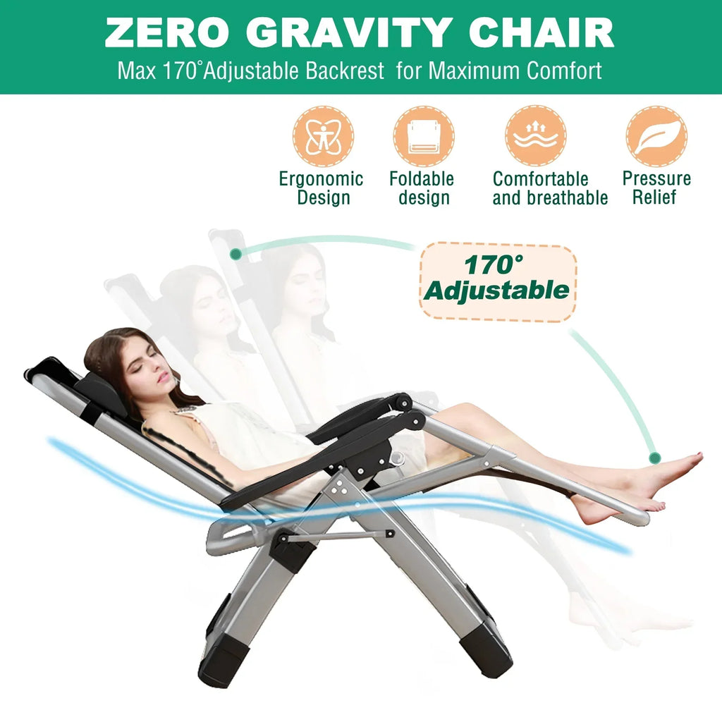 2026 NewNAIZEA 2 Pack Zero Gravity Chair, Foldable Portable Lawn Recliner with Cushion, Headrest, Cup Holder, Black