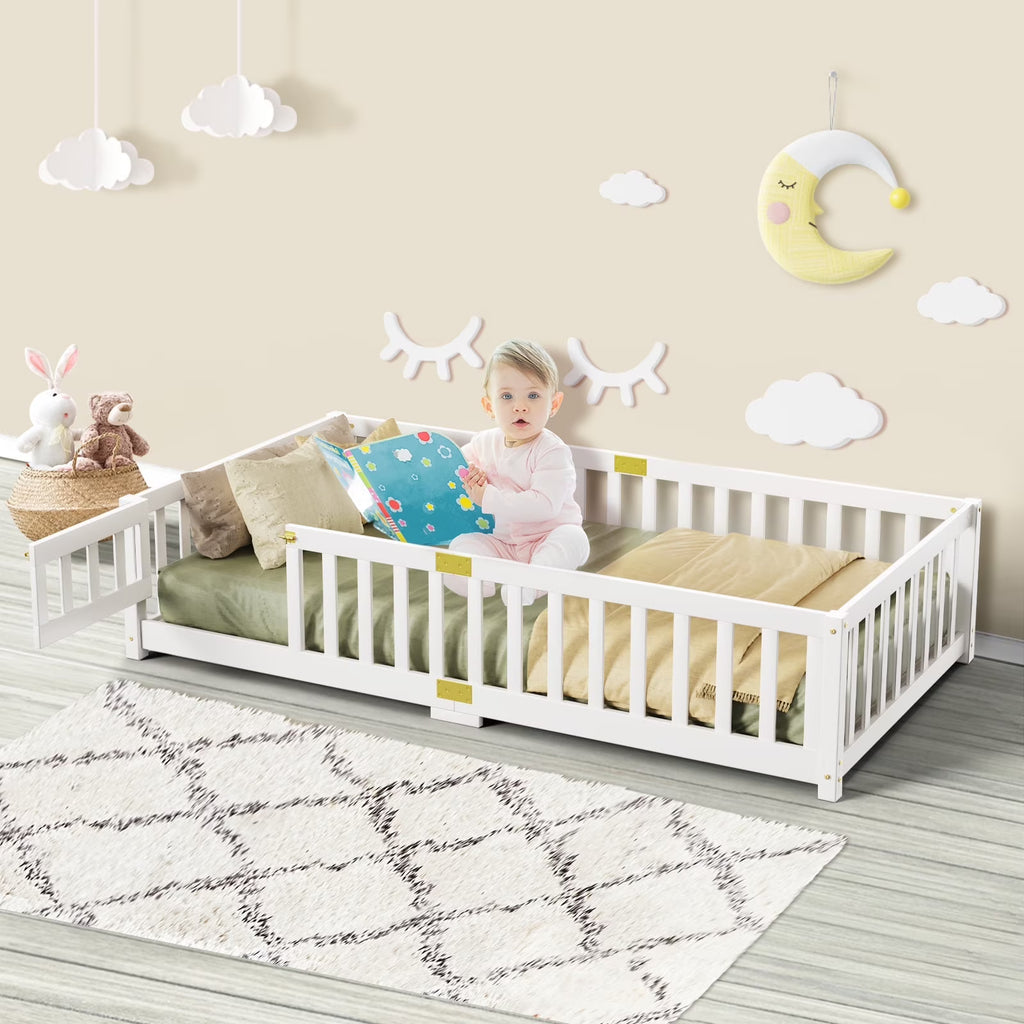 2026 NewSlsy Twin Size Toddler Floor Bed, Solid Wood Montessori Bed Frame with Fence & Door Montessori Floor Bed Crib with Safety Guardrails for Girls and Boys