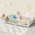 2026 NewSlsy Twin Size Toddler Floor Bed, Solid Wood Montessori Bed Frame with Fence & Door Montessori Floor Bed Crib with Safety Guardrails for Girls and Boys