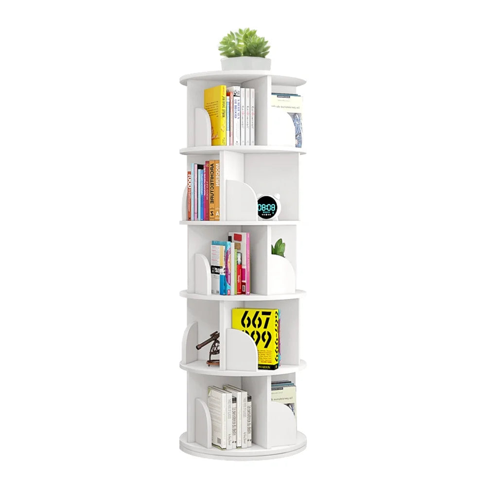 2026 NewBimiti 5 Tier Rotating Bookshelf, 360?" Revolving Bookcase 20 Shelves Floor-Standing Storage Display Rack - White 63"x18"x18", Adult