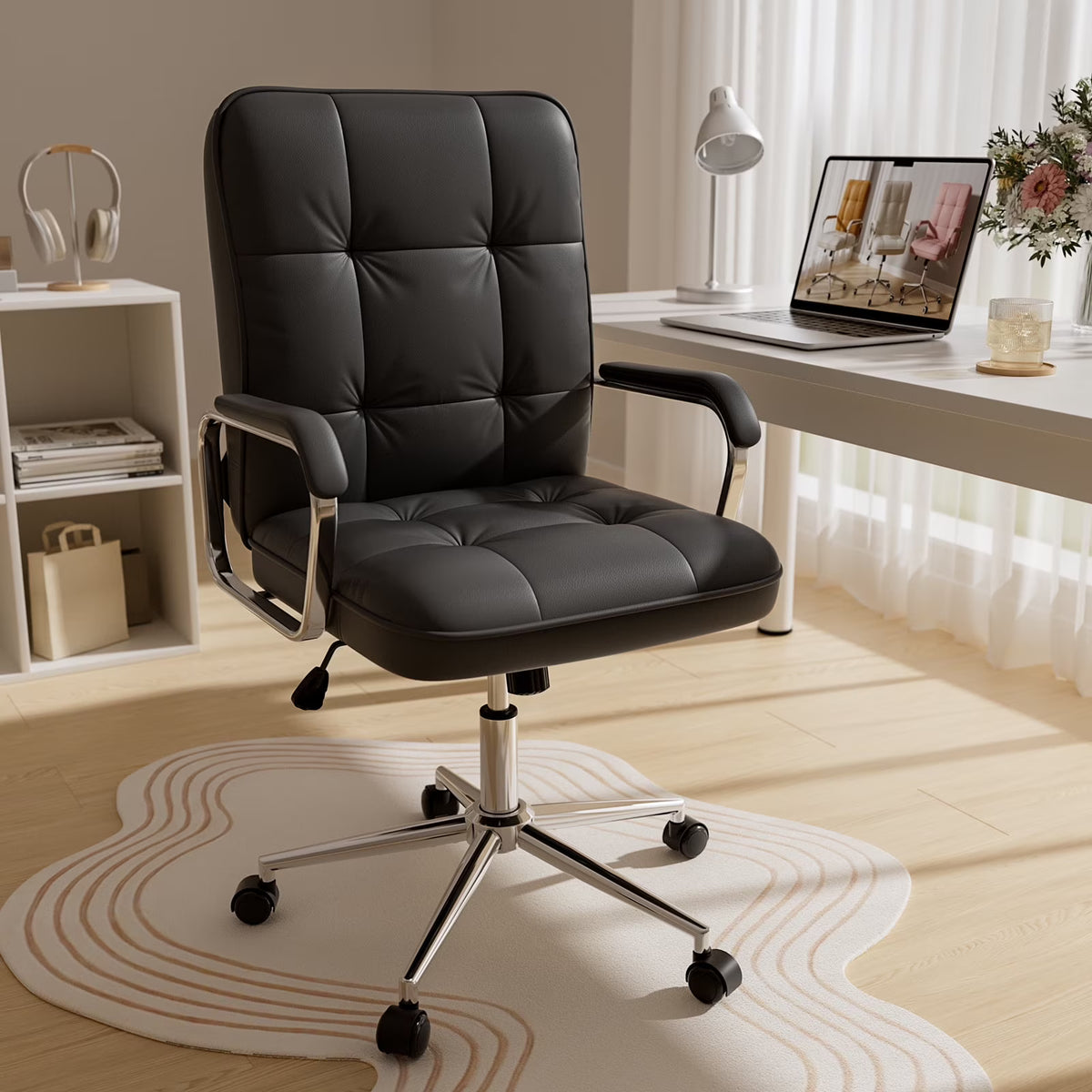 2026 NewSolfway White Office Chair, Swivel Leather Computer Desk Chair with Wheels and Padded Arms, Executive Office Chair for Adults