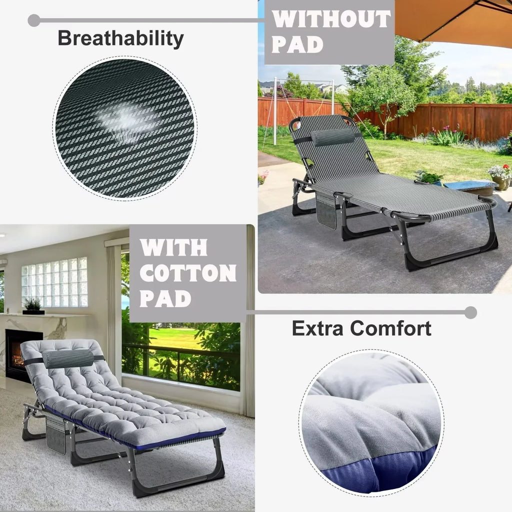 2026 NewMOPHOTO Lounge Chair with Mattress, Outdoor Chaise Lounge Support 440 Lbs, Adjustable Portable Heavy Duty Sleeping Cots Bed for Camping, Pool, Beach, Patio