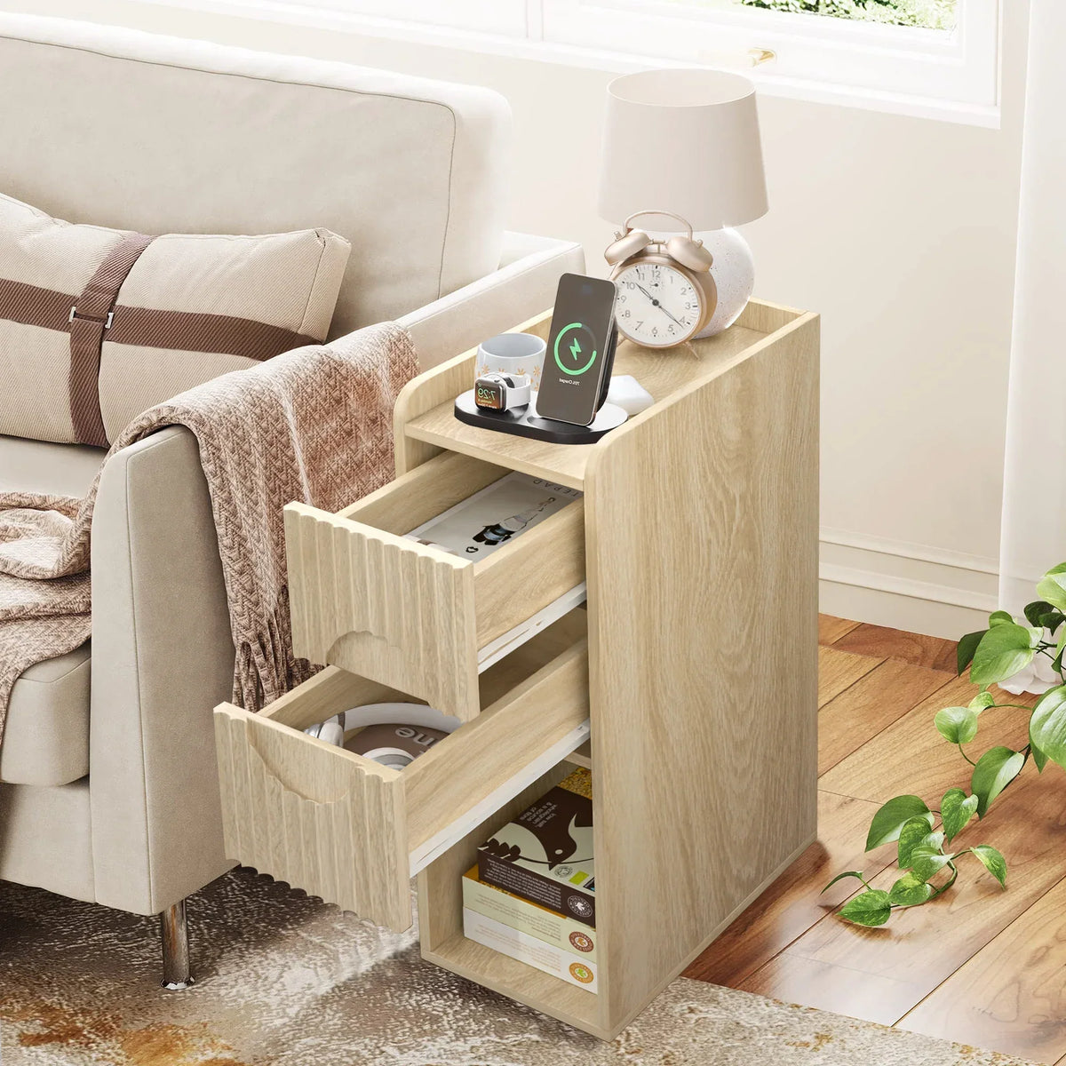 2026 NewNarrow Nightstand Set of 2 with Drawers, Fluted Slim Side End Table with Storage for Small Spaces