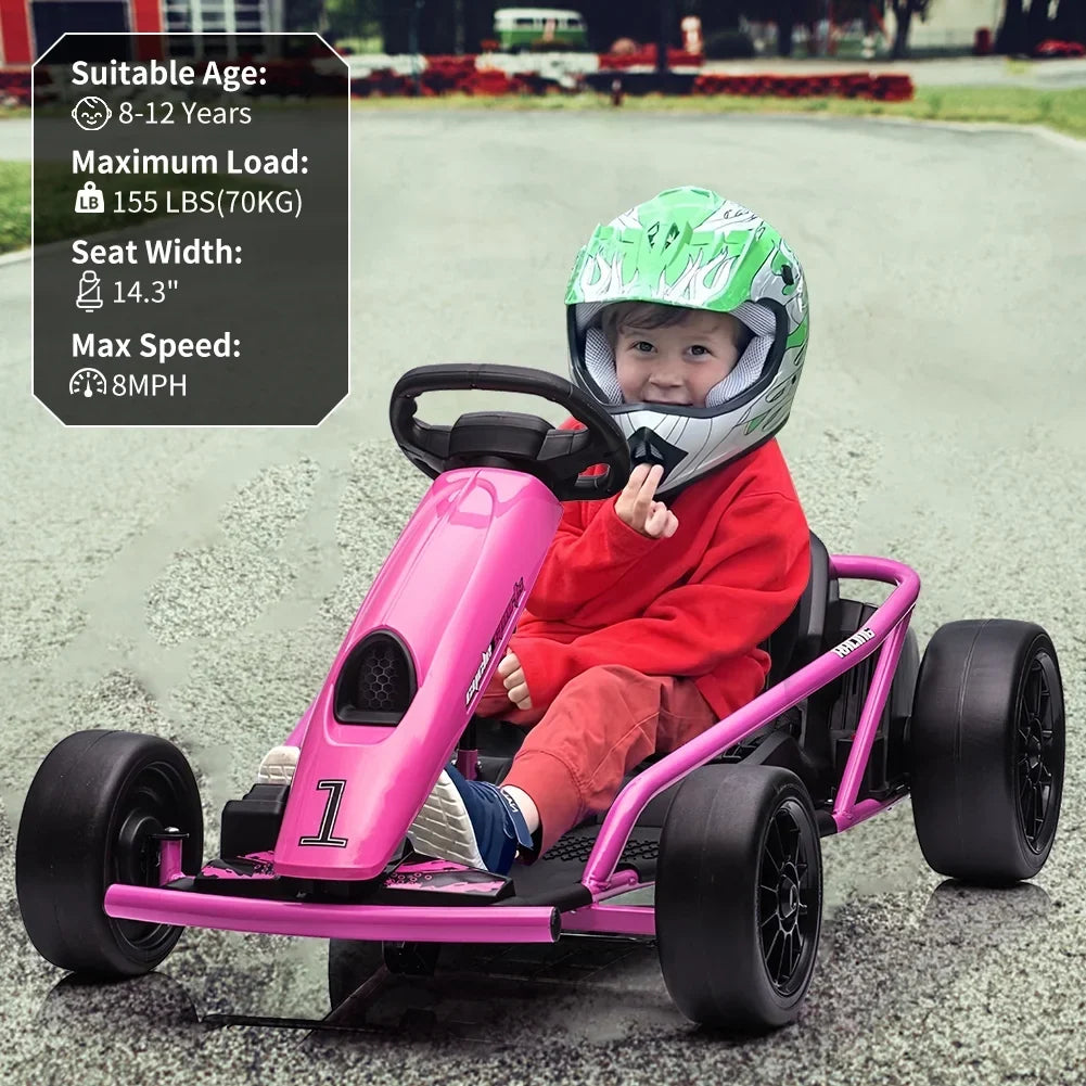 2026 NewSimzone Go Kart for Kids 24V Battery 300WX2 Motors Pedal On Foot Go Cart 8MPH High Speed Drifting Car with Slow Start Function Music Elastic Durable Tires, Blue