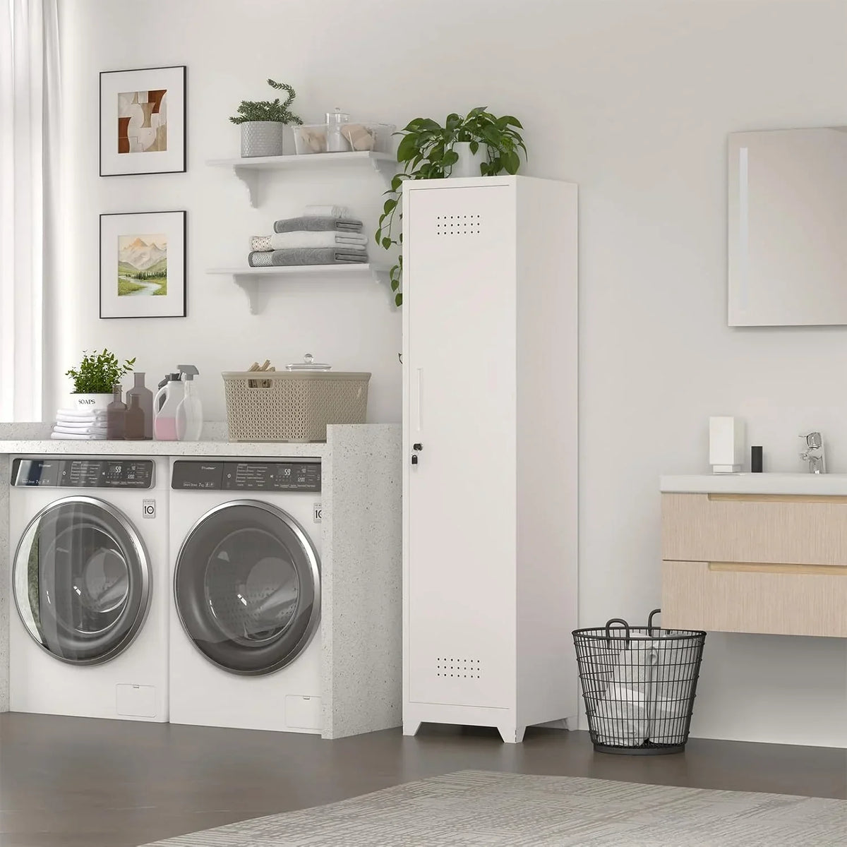 2026 NewMarcree Slim Broom Storage Cabinet, Metal Cabinet with Shelves and Hanging Rod, 65" Utility Storage Cabinet with Locking Door, Tall Cleaning Storage Cabinet for Kitchen, Pantry, Office, Shop, Garage