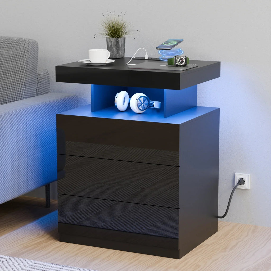 2026 NewHommpa LED Nightstand Wireless Charging Station USB Type C Outlets Bedside Table 3 Drawers Black Night Table Modern Smart Nightstand High Gloss End Side Table for Bedroom Furniture 26.8" Tall