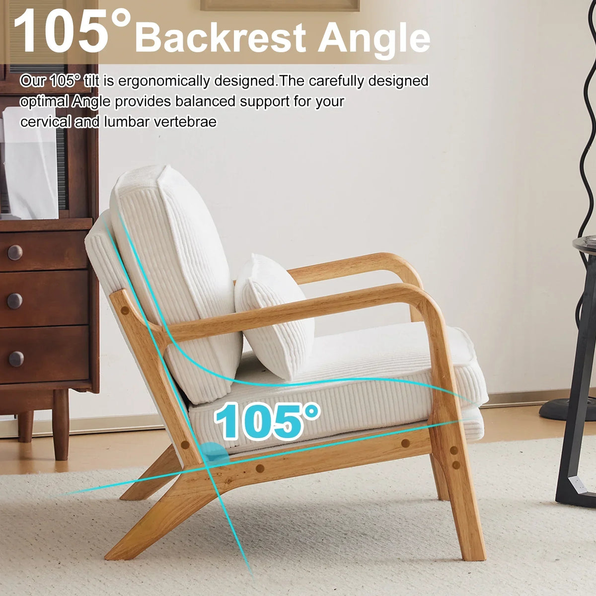2026 NewKtaxon Accent Chair Corduroy Upholstered Armchair, Reading Club Chair with Pillow and Solid Wood Frame for Living Room Bedroom Furniture Off White