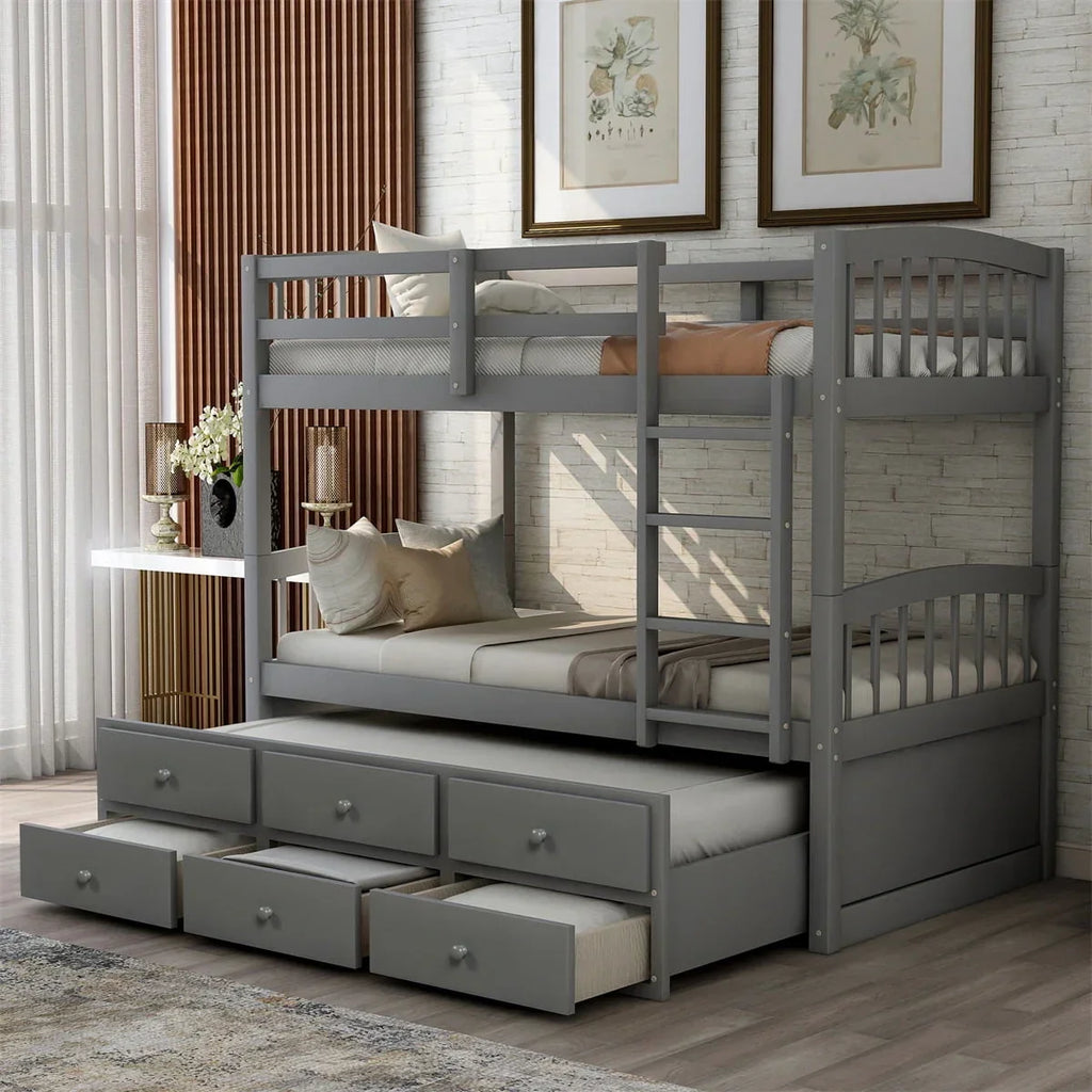 2026 NewTwin-Over-Twin Bunk Bed with 3 Storage Drawers, Twin Bunk Bed Frame with Ladder & Safety Rail, Pinewood Trundle Bunk Bed for Teen Bedroom, Guest Room Furniture, Can be Convertible to 2 Beds, Gray