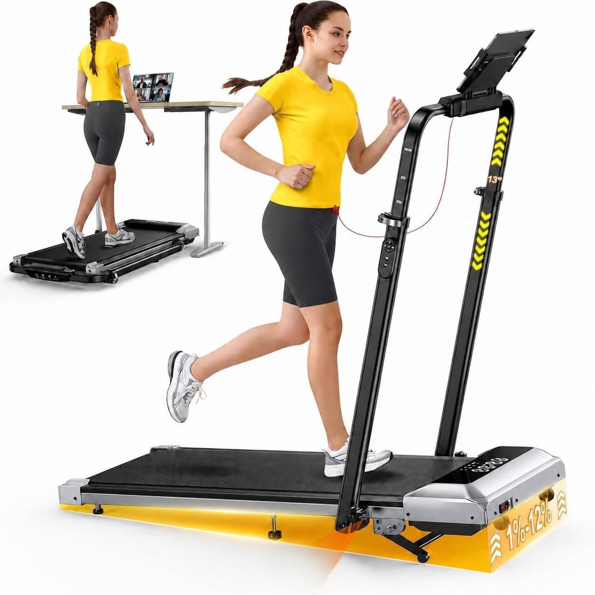 2026 Cinta de correr plegable 6 en 1 con inclinación 1 % / 6 % / 12 %, pasamanos telescópicos ajustables, 2,5 HP, 12 km/h, pantalla LED, mando y app
