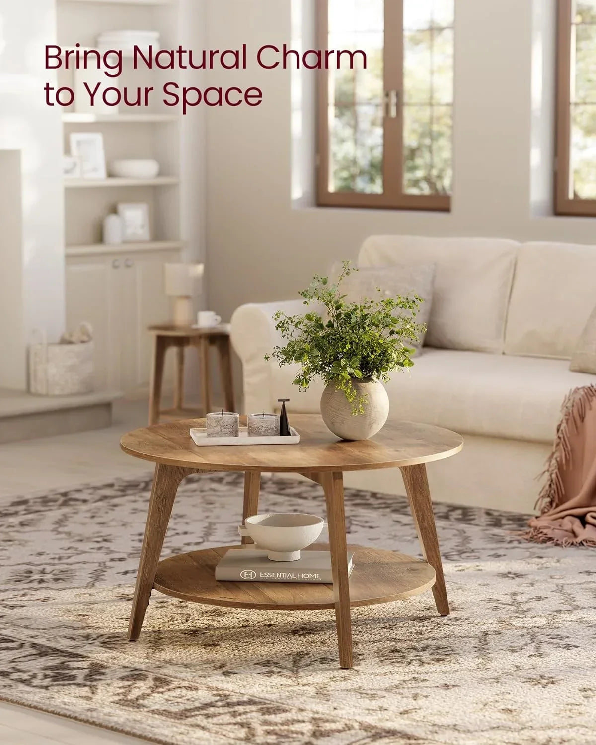2026 NewVASAGLE Round Coffee Table, 2 Tier Coffee Table with Storage, for Living Room, 31.5 x 17.7 Inches, Easy to Assemble, Honey Brown
