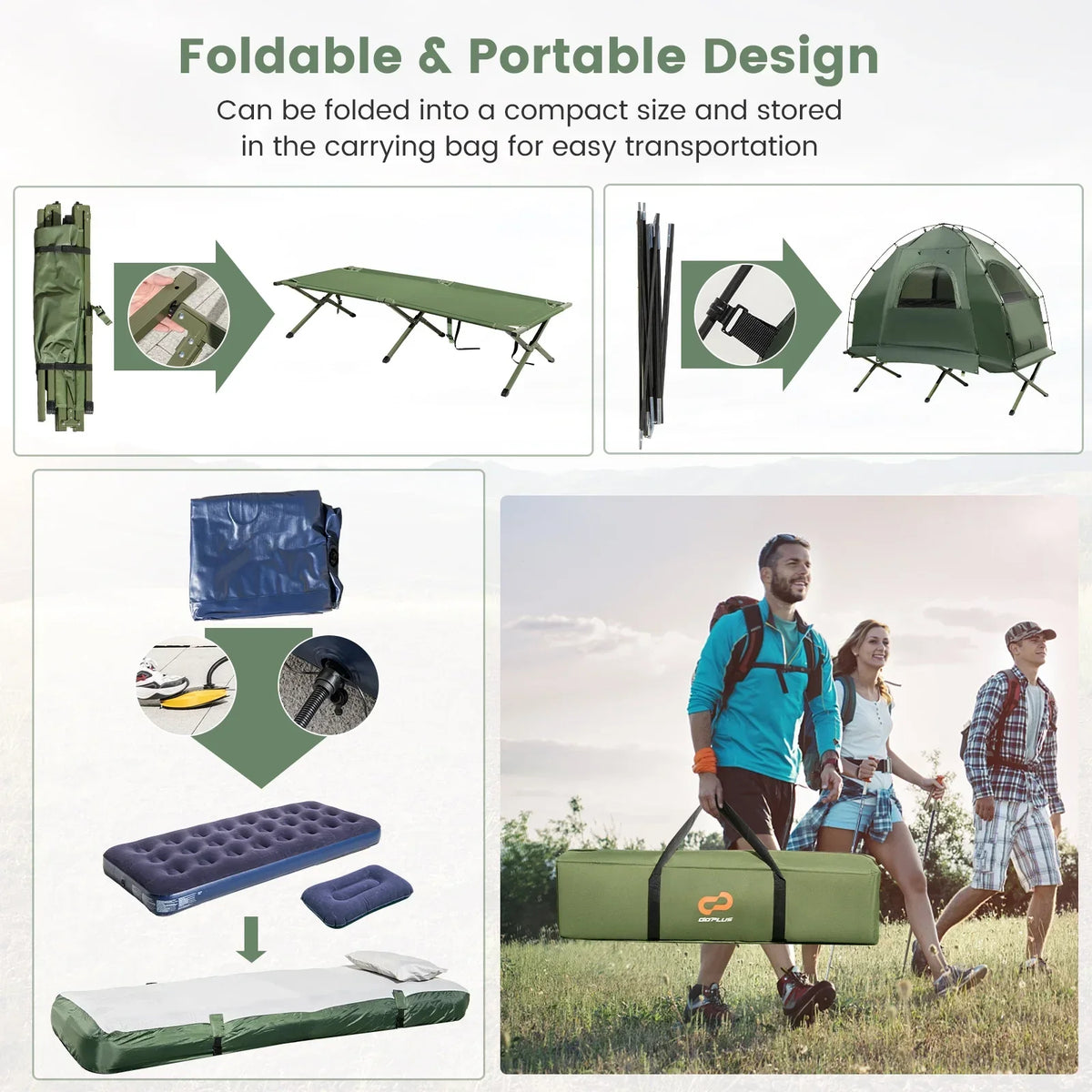 2026 NewGoplus 1-Person Waterproof Camping Tent Cot with Air Mattress, Pillow, Sleeping Bag