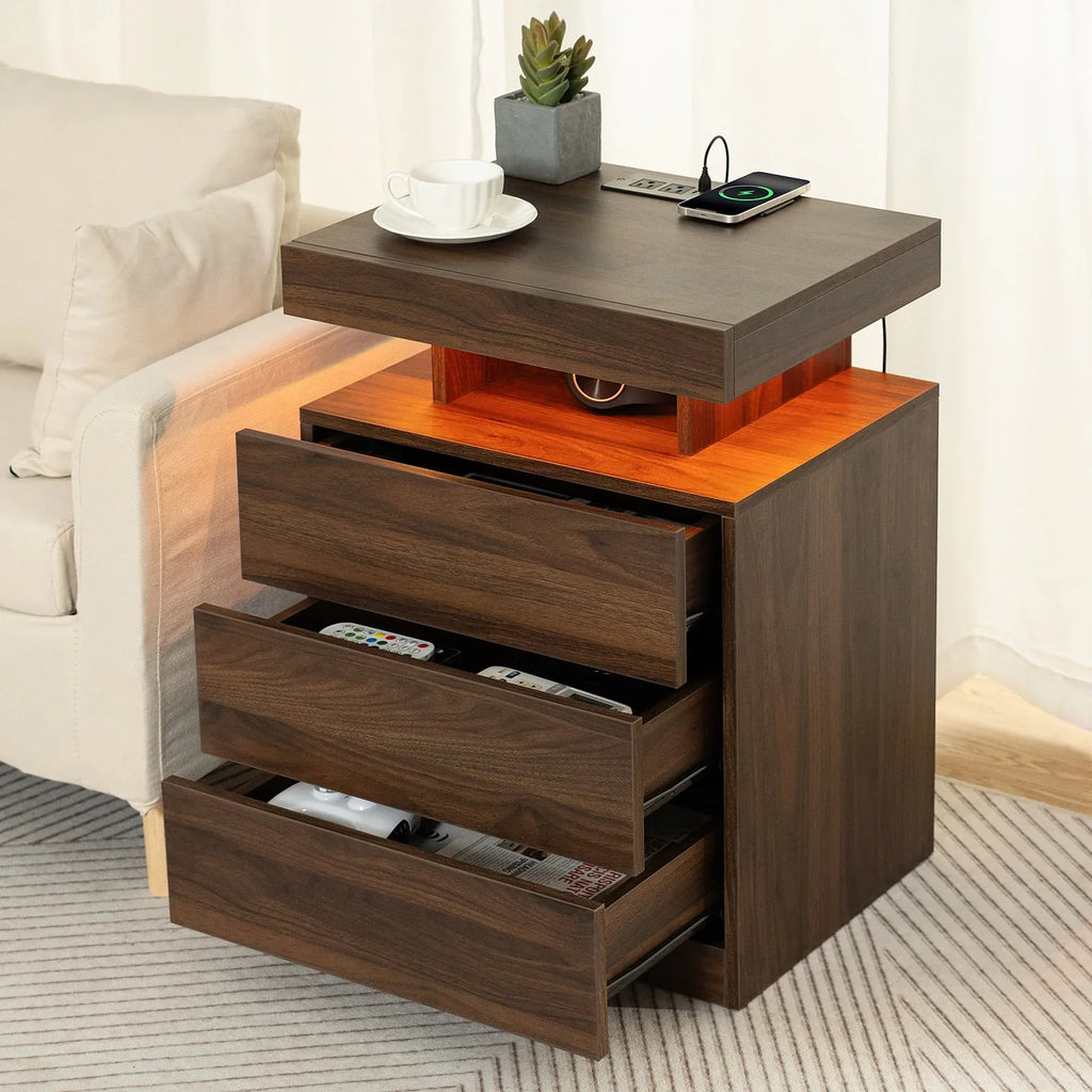 2026 NewHommpa LED Nightstand Wireless Charging Station USB Type C Outlets Bedside Table 3 Drawers Black Night Table Modern Smart Nightstand High Gloss End Side Table for Bedroom Furniture 26.8" Tall