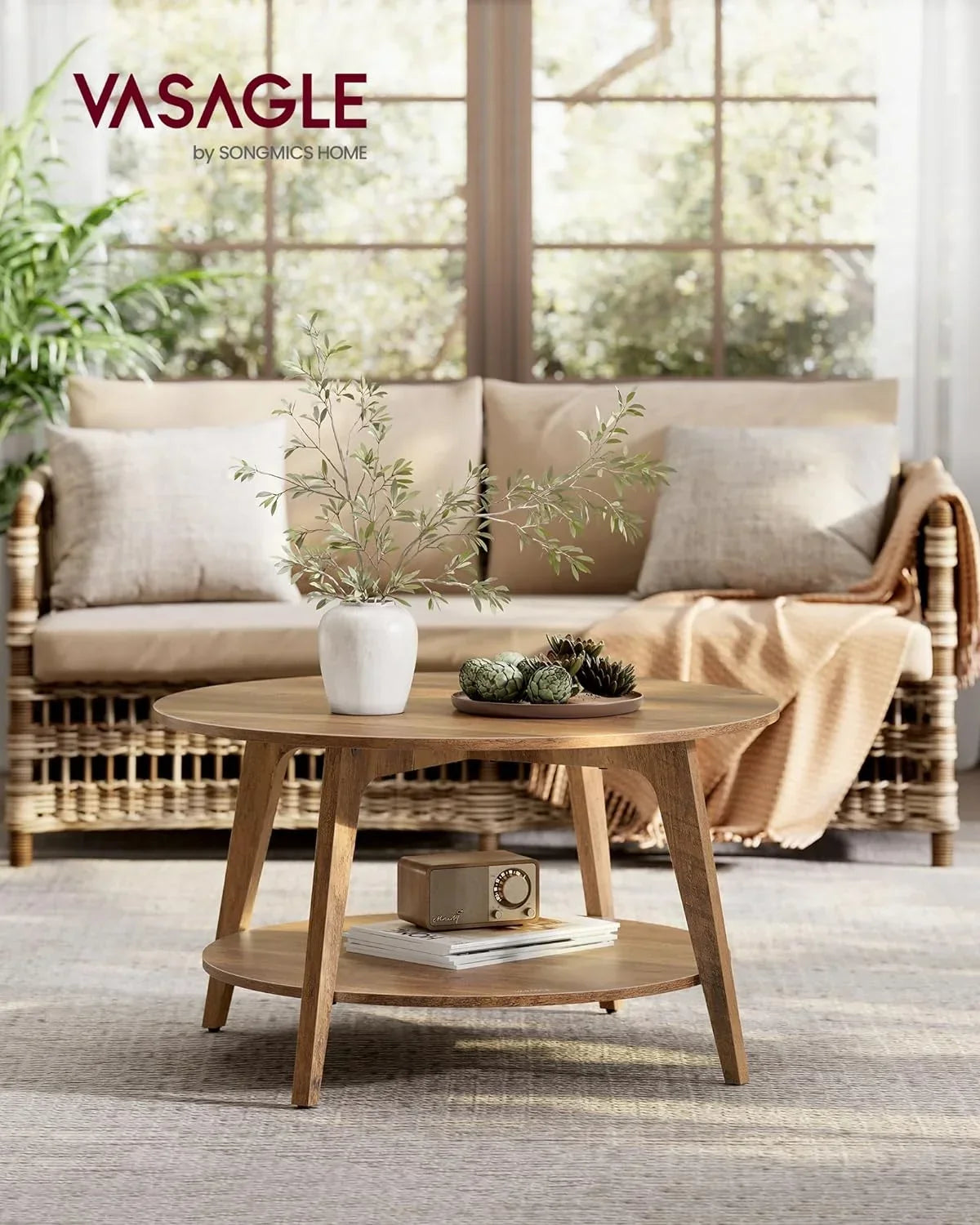 2026 NewVASAGLE Round Coffee Table, 2 Tier Coffee Table with Storage, for Living Room, 31.5 x 17.7 Inches, Easy to Assemble, Honey Brown