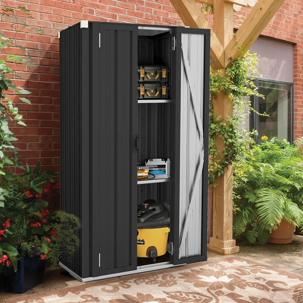 2026 NewAECOJOY Outdoor Storage Cabinet for Garden & Patio, a Metal Organizer with Doors and Shelves in Gray