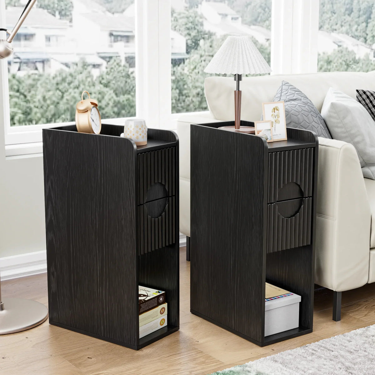 2026 NewNarrow Nightstand Set of 2 with Drawers, Fluted Slim Side End Table with Storage for Small Spaces