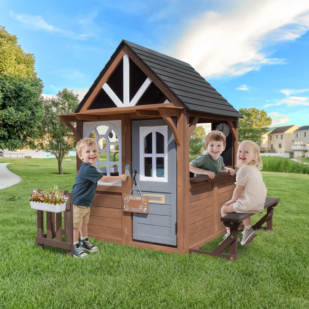 2026 NewCOCLUB Outdoor Playhouse, Wooden Playhouse for Kids Toddlers, Large Kids Playhouse with Bench/Fence/Kitchen/Door Nameplate/Pretend Phone, Girls Boys Outdoor Toy Gift for Ages 3+, (62.99"W* 67.32"L)