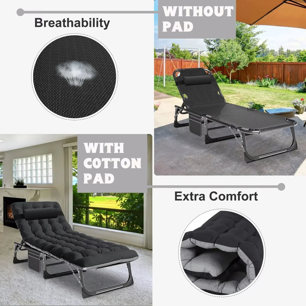 2026 NewMOPHOTO Lounge Chair with Mattress, Outdoor Chaise Lounge Support 440 Lbs, Adjustable Portable Heavy Duty Sleeping Cots Bed for Camping, Pool, Beach, Patio