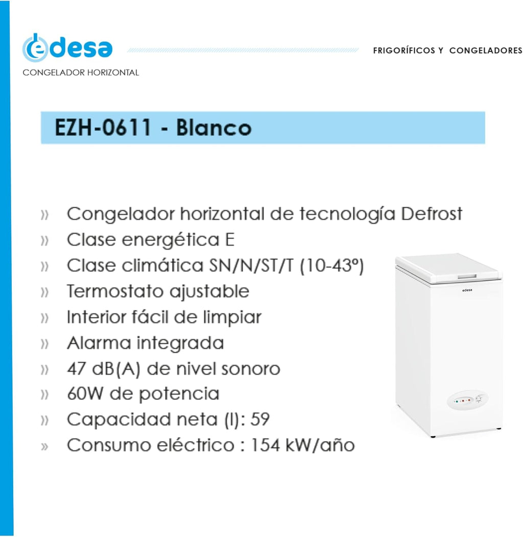 2026 Edesa Congelador Horizontal EZH-0611, Altura 0.84 m, Termostato Ajustable, Fácil Limpieza, Alarma Integrada, Bajo Nivel Sonoro, Gran Capacidad 59 l, Potencia 60W, Color Blanco