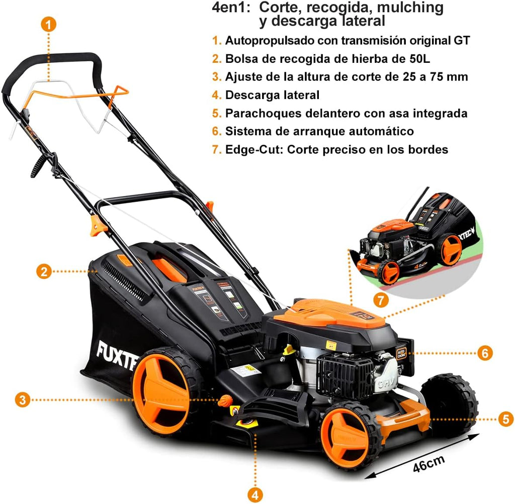 2026 Cortacésped de tracción de Gasolina autopropulsado FUXTEC FX-RM4646 46cm de Ancho de Corte, Potente Motor de Gasolina con transmisión GT 146cc Easy Clean 4en1 2,6KW Mulching/Bolsa de césped 50L