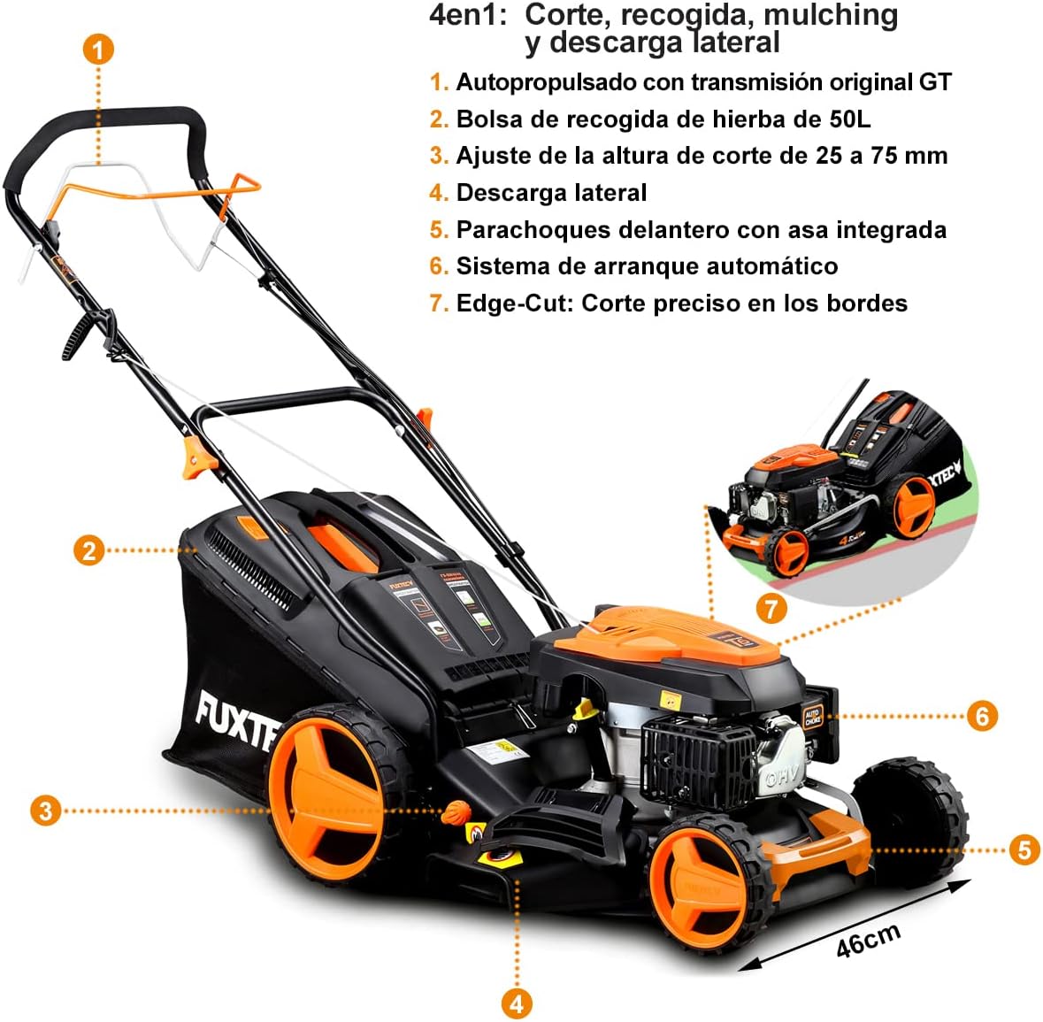 2026 Cortacésped de tracción de Gasolina autopropulsado FUXTEC FX-RM4646 46cm de Ancho de Corte, Potente Motor de Gasolina con transmisión GT 146cc Easy Clean 4en1 2,6KW Mulching/Bolsa de césped 50L