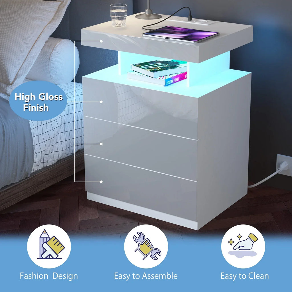 2026 NewHommpa LED Nightstand Wireless Charging Station USB Type C Outlets Bedside Table 3 Drawers Black Night Table Modern Smart Nightstand High Gloss End Side Table for Bedroom Furniture 26.8" Tall
