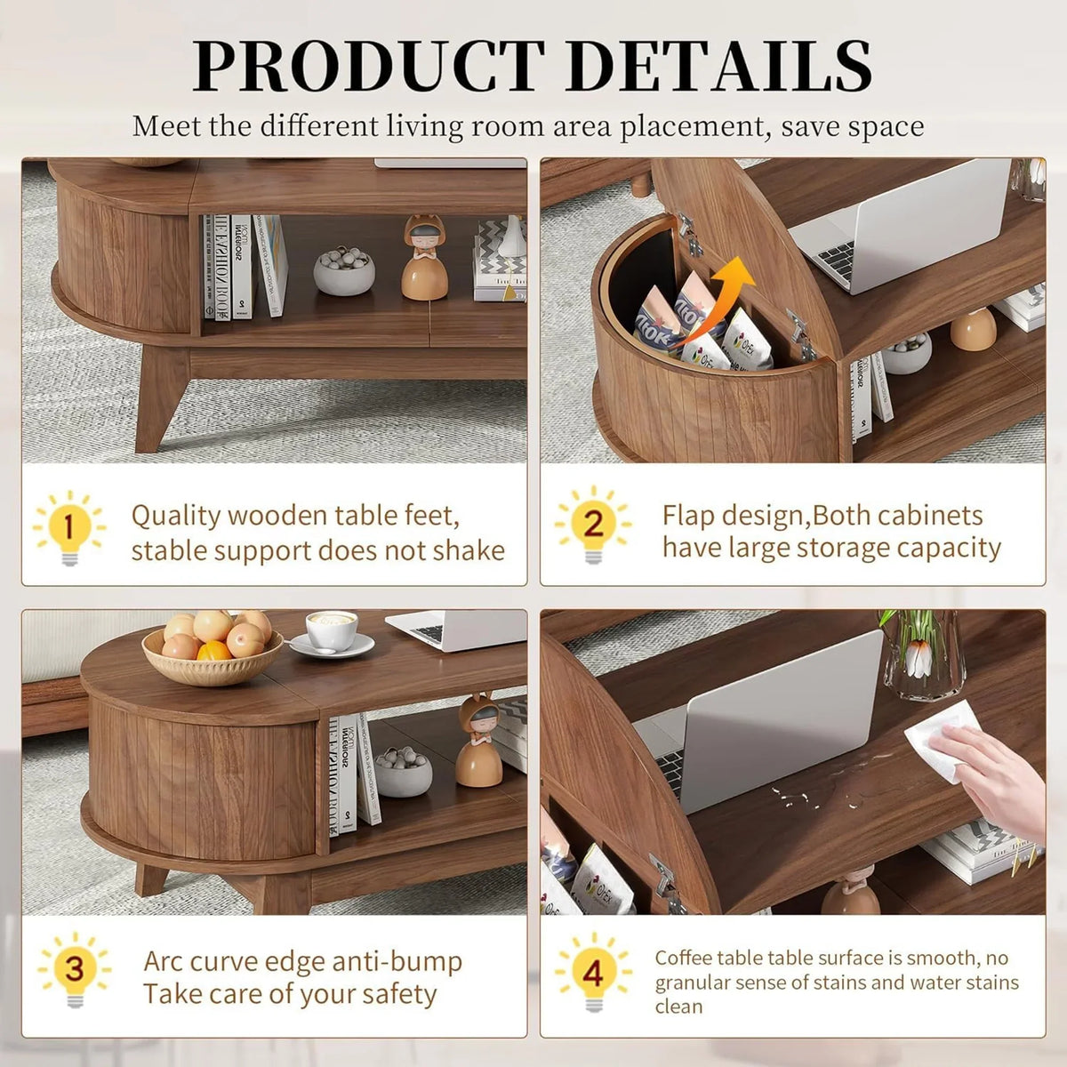 2026 NewFluted Coffee Table with Storage, Modern Coffee Tables, Wood Accent Center Table