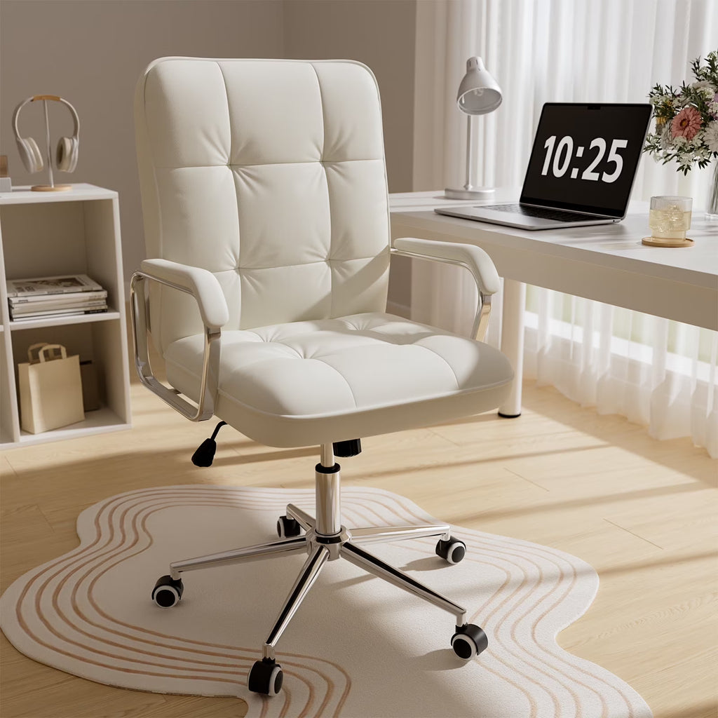 2026 NewSolfway White Office Chair, Swivel Leather Computer Desk Chair with Wheels and Padded Arms, Executive Office Chair for Adults