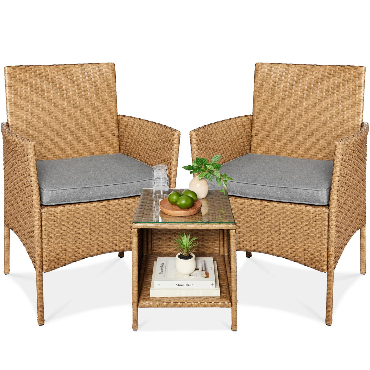2026 NewBest Choice Products 3-Piece Outdoor Wicker Conversation Patio Bistro Set, w/ 2 Chairs, Table - Gray/Navy