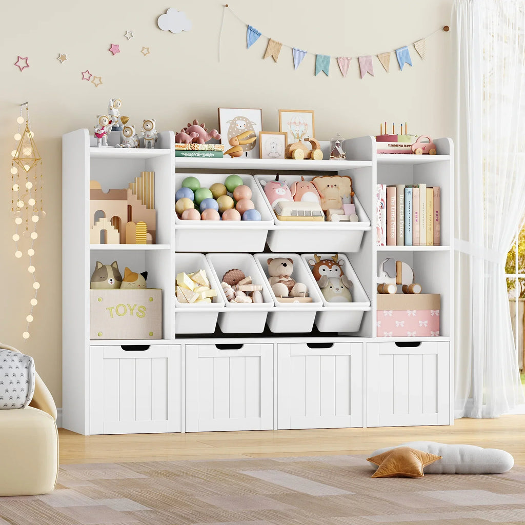 2026 NewHiphuta 3 Tier Kids Bookcase with Toy Storage Organizer, Wood Toy Organizer of 6 Boxes & 4 Removable Drawers, White