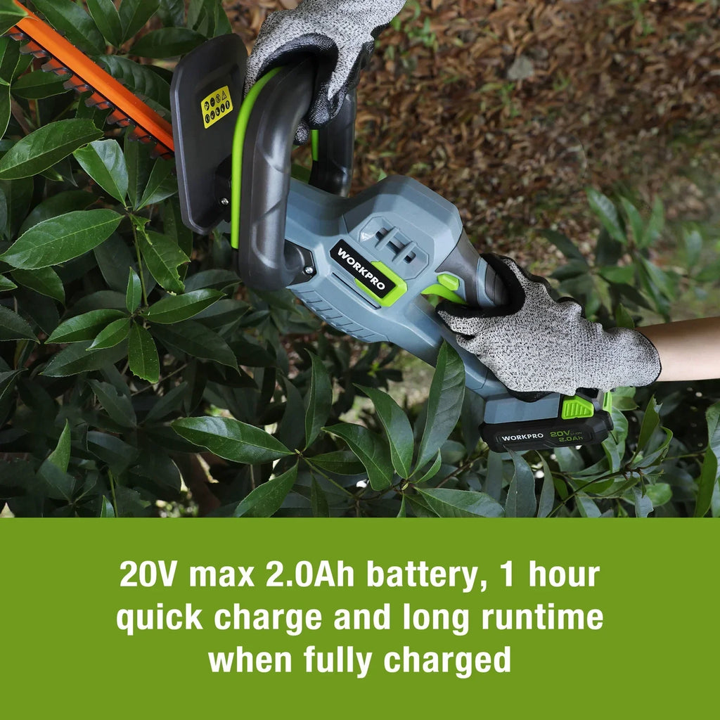 2026 NewWORKPRO 20V Cordless Hedge Trimmer, 20" Dual Action Blades Electric Hedge Trimmer, with Battery and Charger