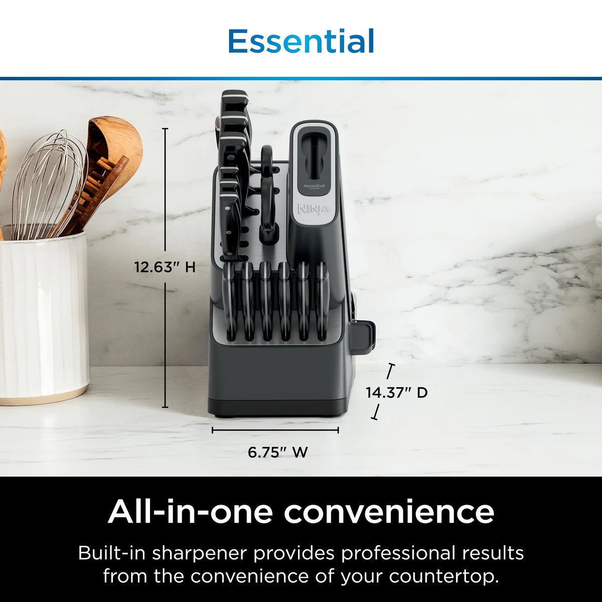 2026 NewNinja NeverDull 14-Piece Stainless Steel Essential Knife System with Built-in Sharpener, K12014 Black/Gray