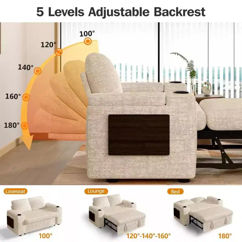 2026 Dyonery Sofá cama 4 en 1 de 65,5" con respaldos ajustables, carga USB/Type-C, portavasos y bolsillos, verde