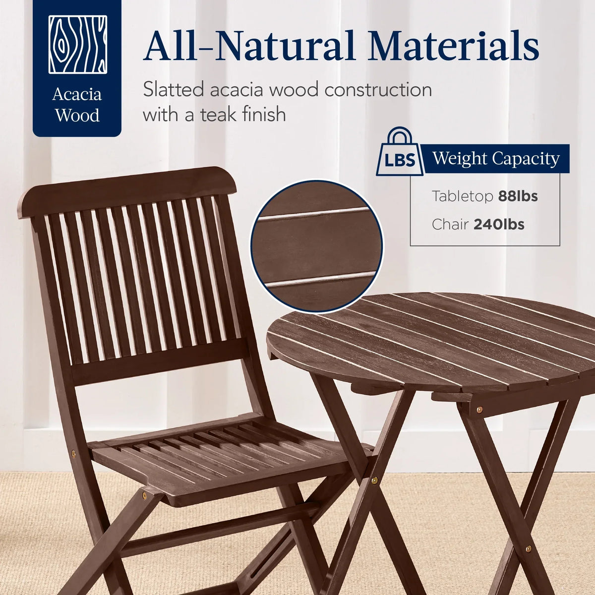 2026 NewBest Choice Products 3-Piece Acacia Wood Bistro Set, Folding Patio Furniture w/ 2 Chairs, Table - Natural