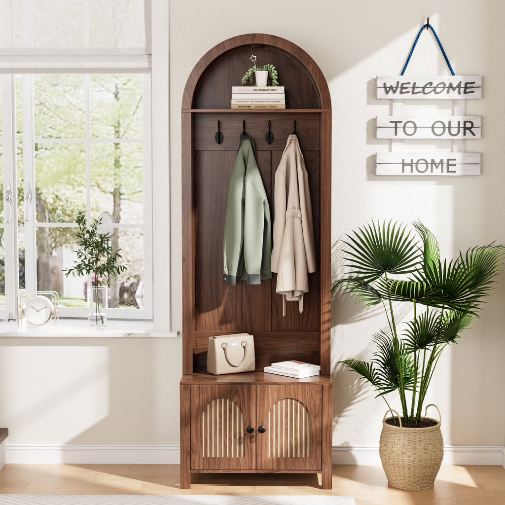 2026 NewLUCKYELF Hall Tree with Shoe Storage, Entryway Bench with 4 Hooks and 2 Doors, Arch Coat Rack Cabinet for Hallway