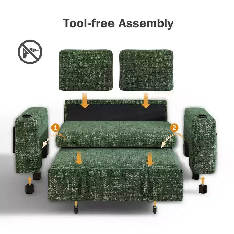2026 Dyonery Sofá cama 4 en 1 de 65,5" con respaldos ajustables, carga USB/Type-C, portavasos y bolsillos, verde