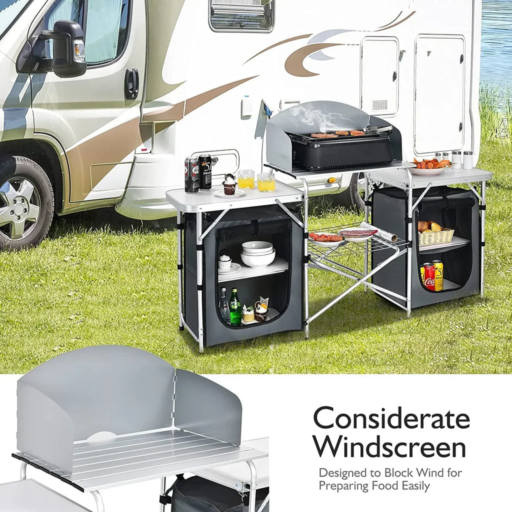 2026 NewCamping Kitchen Table with Storage, Aluminum Portable Outdoor Cooking Table with Windscreen, Foldable Camp Table Cook Station for BBQ, Grill, Party, Picnics